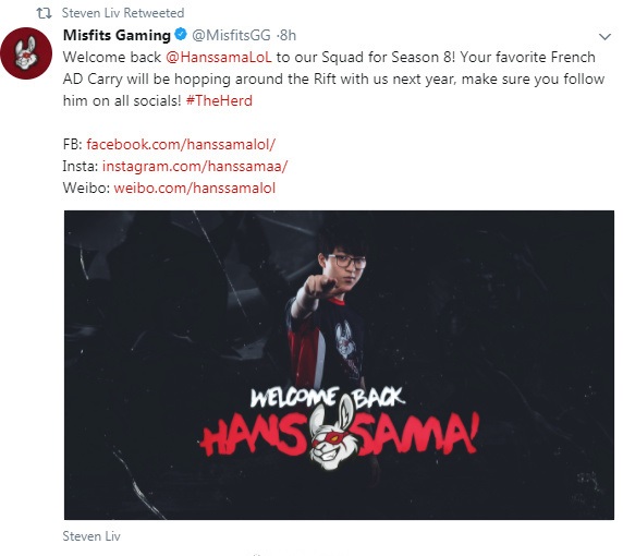 MSF战队AD选手Hans Sama确认留队 MSF官方证实相约LOLS8 兔子 峡谷 一刻 赢得 lols8 北美 粉丝 联盟 英雄联盟 推特 新闻资讯  第3张