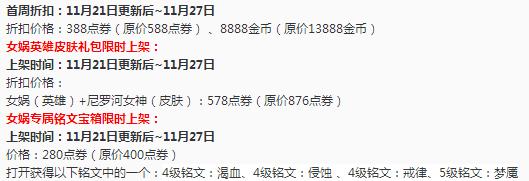 王者荣耀11月21日更新 女娲感恩节回馈首周只需388点券 全民 金币 绝对 免费体验 王者荣耀手游 铭文 回馈 点券 王者荣耀 女娲 新闻资讯  第2张