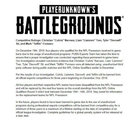 PUBG官方宣布因职业队员使用外挂新赛季NPL变更 作弊 外挂 手账 三年 北美 bg 新赛季 pubg 职业联赛 新闻资讯  第1张